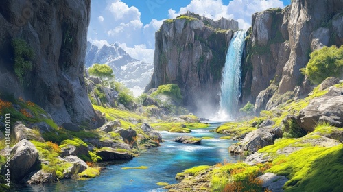 A beautiful river with clear water flowing through moss-covered cliff rocks. background wallpaper AI generated image