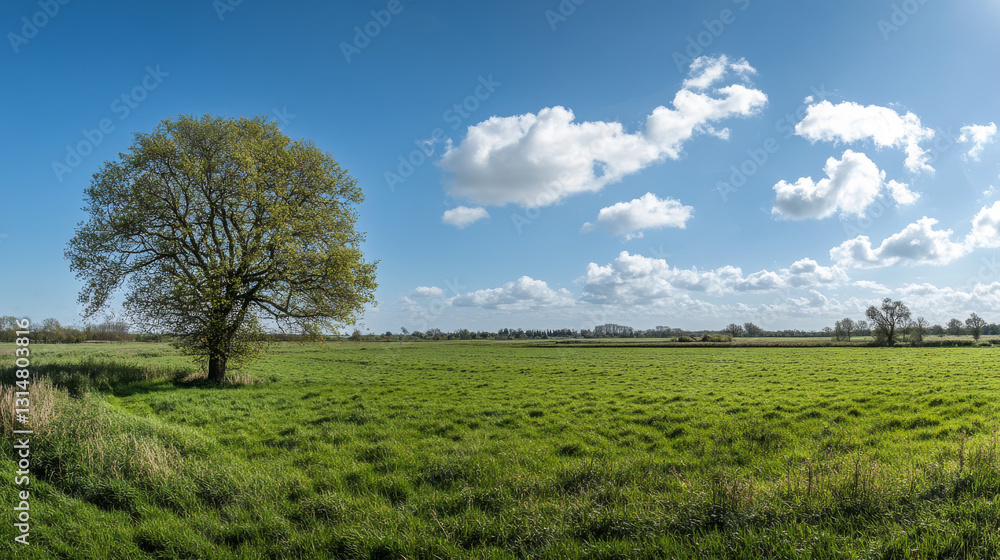 A serene landscape featuring a lush green field, a solitary tree, and a vibrant blue sky--perfect for use as a background or web banner A serene landscape featuring a lush green field, a solitary tree, and a vibrant blue sky--perfect for use as a background or web banner