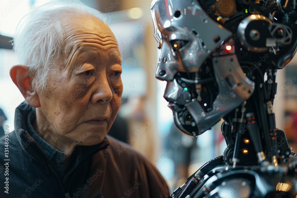 Fototapeta premium A thoughtful old man gazes at an advanced humanoid robot, exploring the bond between humanity and technology.