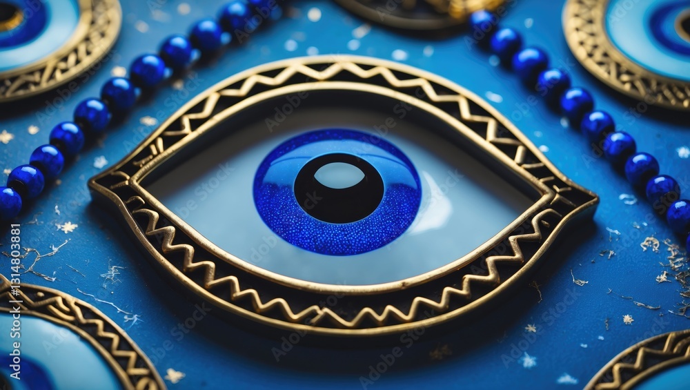 The persistent evil eye motif. Icon related to protection. Nazar talismans in blue set against the background. Amulet crafted from blue beads. The persistent evil eye motif. Icon related to protection. Nazar talismans in blue set against the background. Amulet crafted from blue beads.