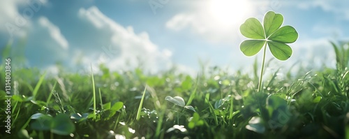 A four-leaf clover in a lush green field