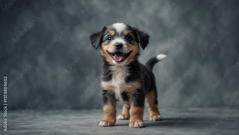 Joyful little puppy standing cutely on a gray backdrop. Joyful little puppy standing cutely on a gray backdrop.