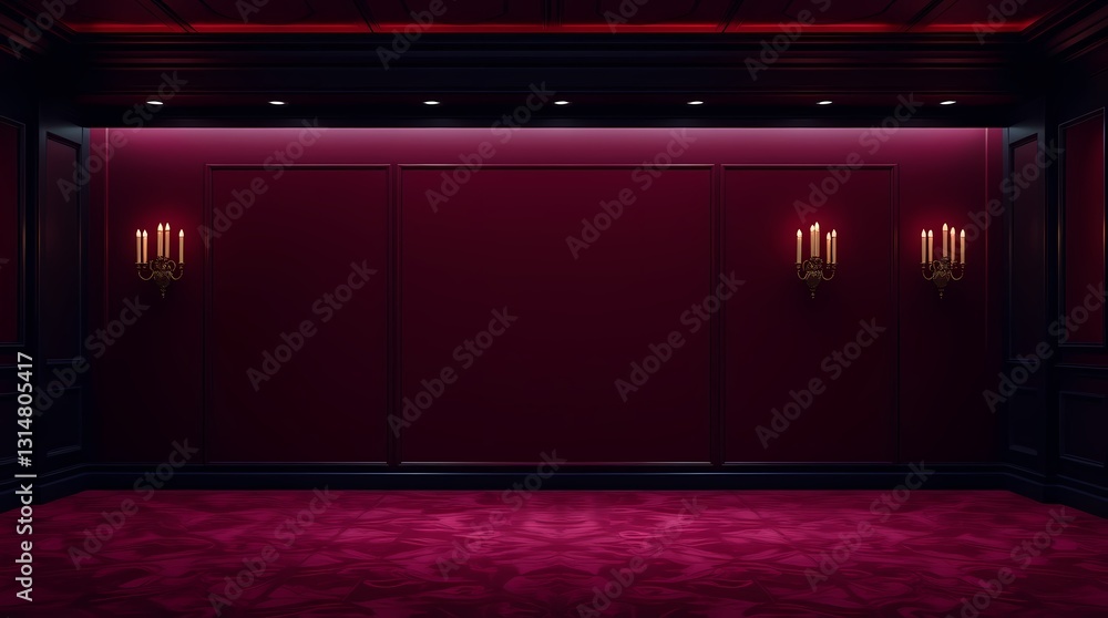 Obraz premium Red Room: A sophisticated interior, draped in luxurious deep red, sets the stage for mystery, evoking a sense of opulent anticipation, with candelabras casting a warm, inviting glow. 