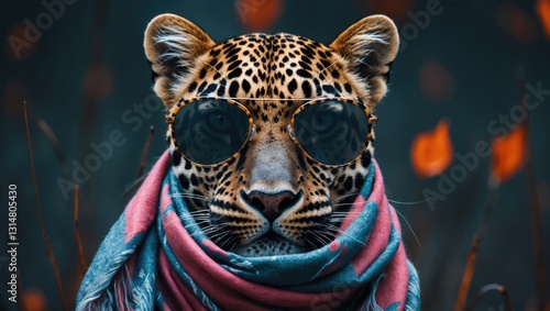 Portrait of a leopard wearing sunglasses and a scarf. Hand-drawn illustration.