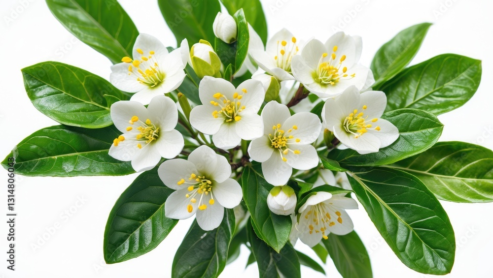 Fototapeta premium Closeup of a bunch of orange tree flowers isolated on white. Blossom. White citrus tree bloom.