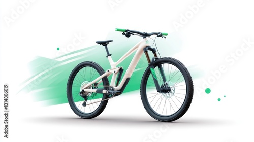 Beige mountain bike with green accents, studio shot on white background with abstract green paint strokes. photo
