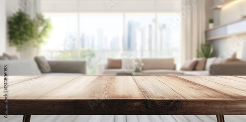 An empty wooden table in front of a blurred modern living room with natural light, offering space for product placement. Ideal for interior design, home decor, and lifestyle branding