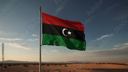 libya flag against blue sky, libya Flag, red and green flag, libyan, waving flag background
