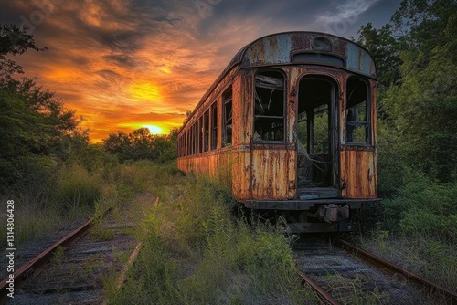 Rusty train car abandoned on overgrown railroad tracks at sunset. photo