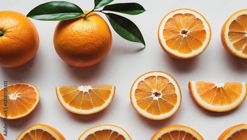 Orange fruit with leaves, sliced and halved, isolated on a background, assortment. Orange fruit with leaves, sliced and halved, isolated on a background, assortment.