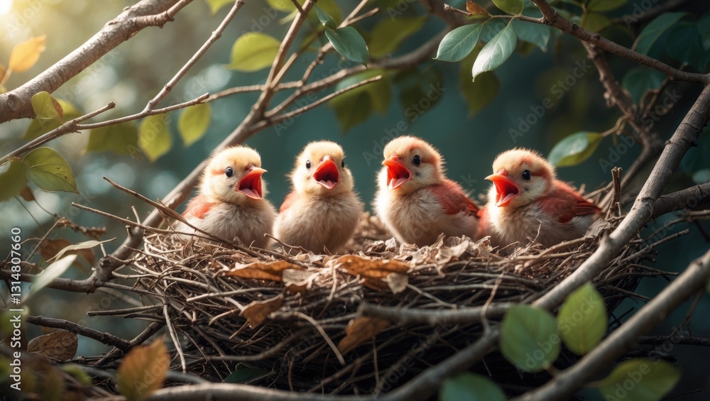 Northern cardinal chicks in their nest pleading for food. Northern cardinal chicks in their nest pleading for food.