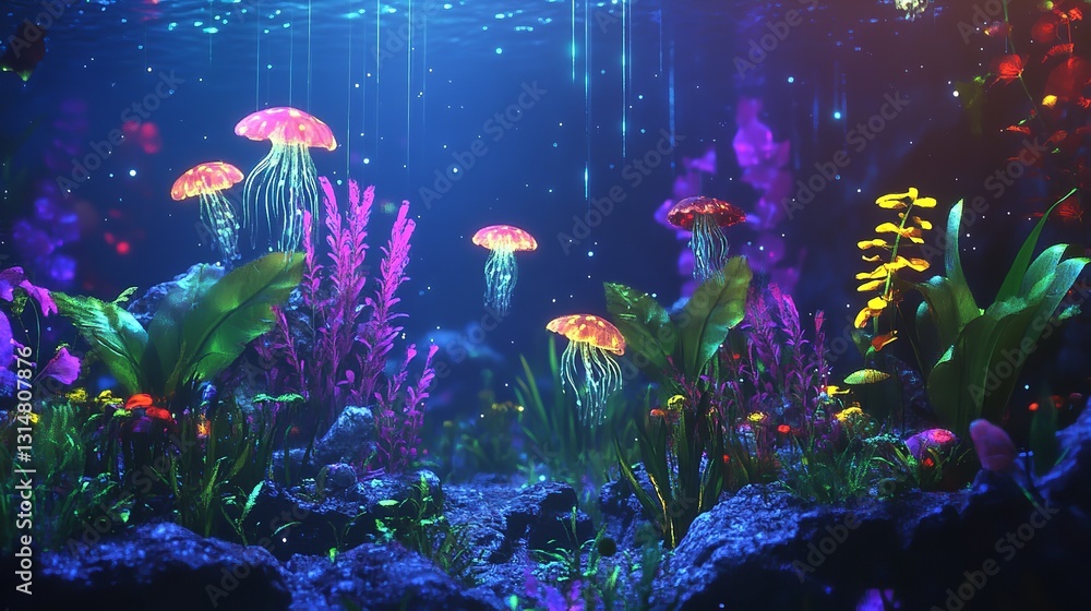 Vibrant Underwater Scene Neon Jellyfish Glowing Plants Ocean Digital Art Fantasy Magical Vibrant Underwater Scene Neon Jellyfish Glowing Plants Ocean Digital Art Fantasy Magical