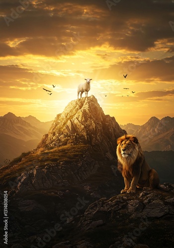 A lamb on a mountain peak at sunrise, a lion nearby.
