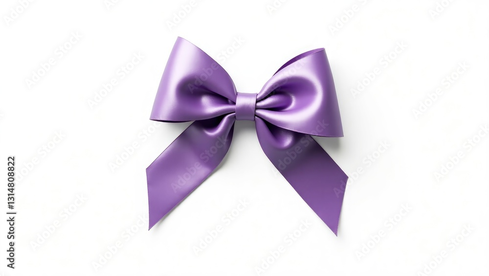One isolated violet satin bow on a white background, viewed from above. One isolated violet satin bow on a white background, viewed from above.
