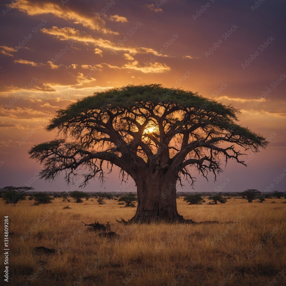 Obraz premium A dreamy twilight view of the Kenyan savanna, where a lone baobab tree stands resilient against the fading light, and the sky melts into a gradient of warm tones.