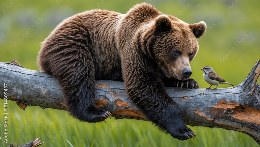 Fototapeta premium Curious brown bear cub explores a snag.