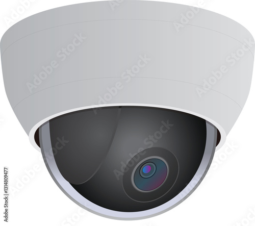 Security camera, dome camera, surveillance device, white plastic casing, black lens, blue tint, ceiling-mounted, indoor security, high-resolution, wide-angle lens, commercial grade, modern technology