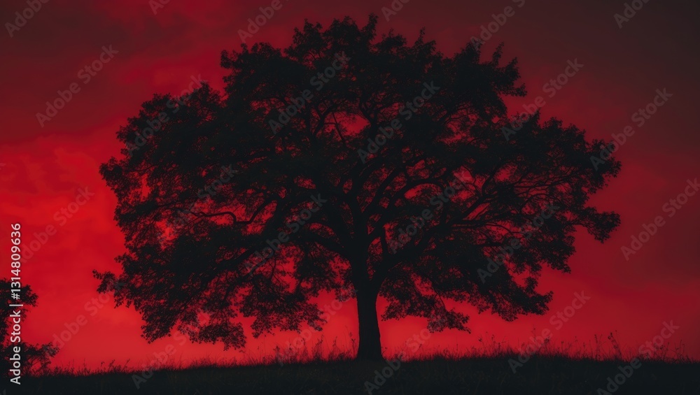 Fototapeta premium Silhouette of a tree against a nighttime red sky from the rear.