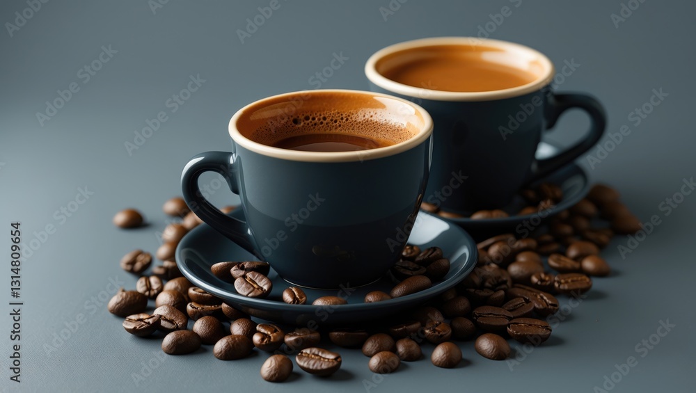 Dark espresso cups are arranged on a gray background, surrounded by roasted coffee beans. Dark espresso cups are arranged on a gray background, surrounded by roasted coffee beans.