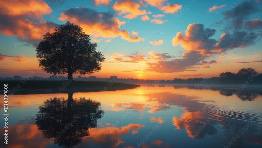 Fototapeta premium Reflection of a stunning dawn sky in a river.