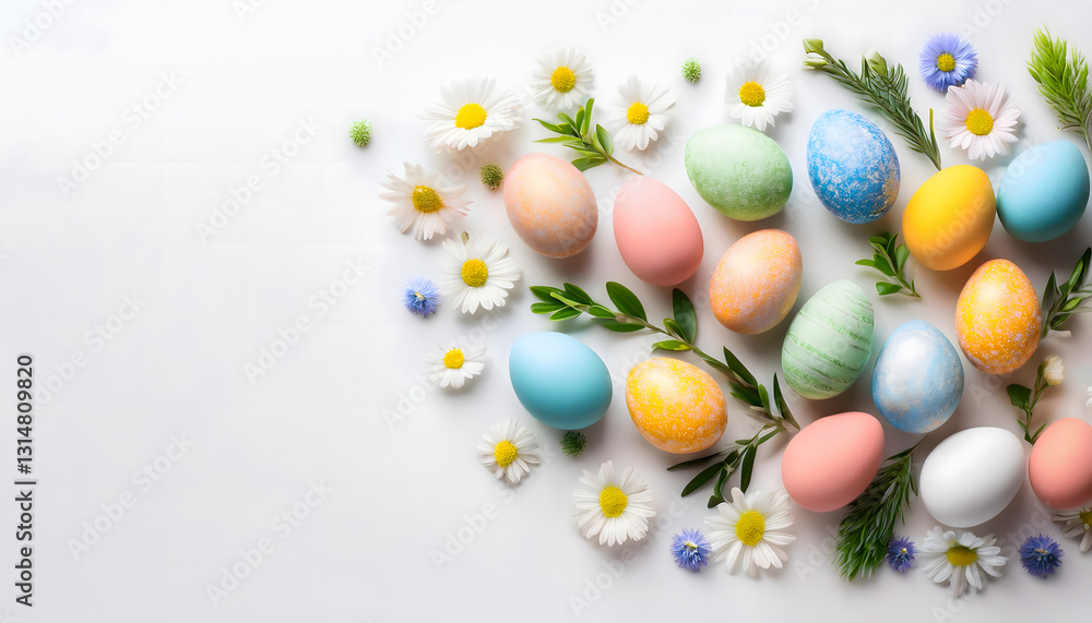 Colorful Easter eggs and daisies arranged on a white background, creating a festive and vibrant springtime scene Generative AI Colorful Easter eggs and daisies arranged on a white background, creating a festive and vibrant springtime scene Generative AI