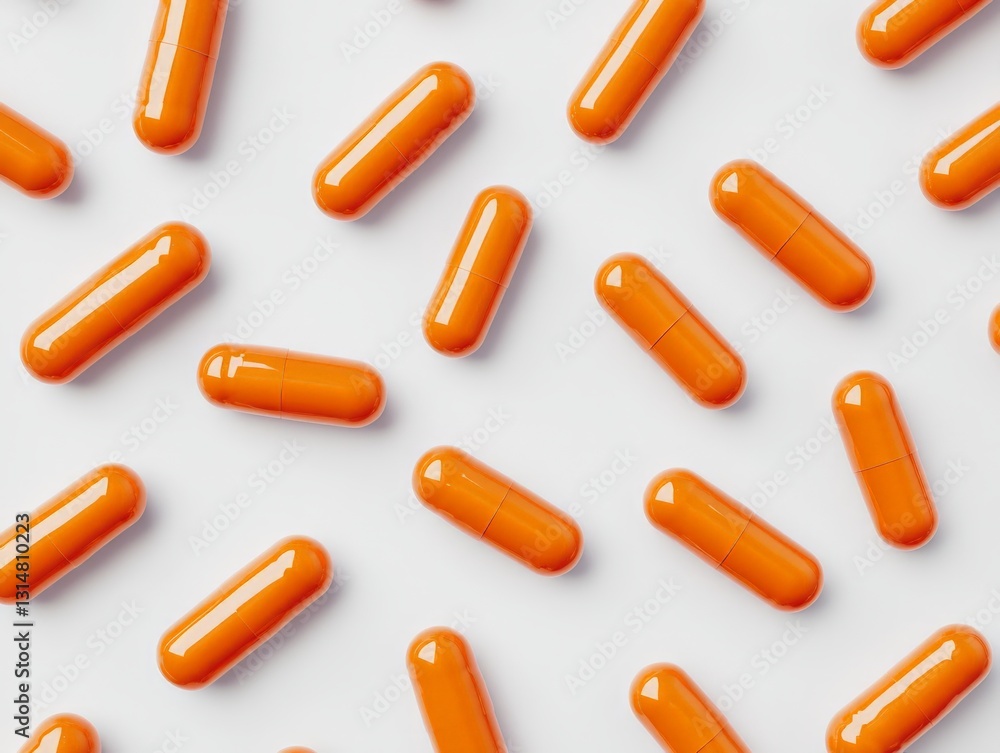 Orange capsules arranged in neat pattern on white background showcasing pharmaceutical precision medication organization and healthcare concept
