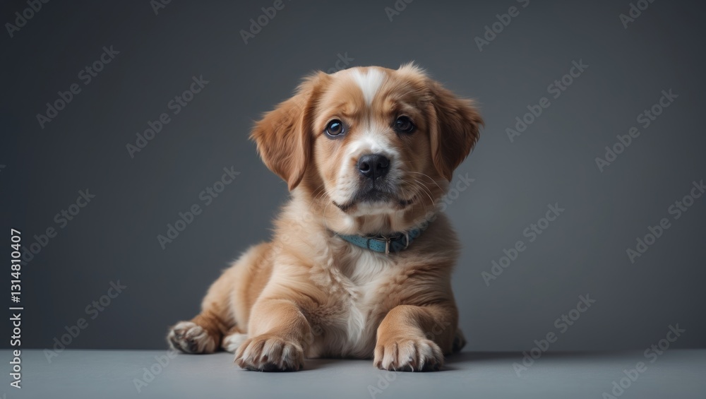 Portrait of a beautiful purebred puppy reclining and gazing at the camera, set against a grey studio background. Portrait of a beautiful purebred puppy reclining and gazing at the camera, set against a grey studio background.