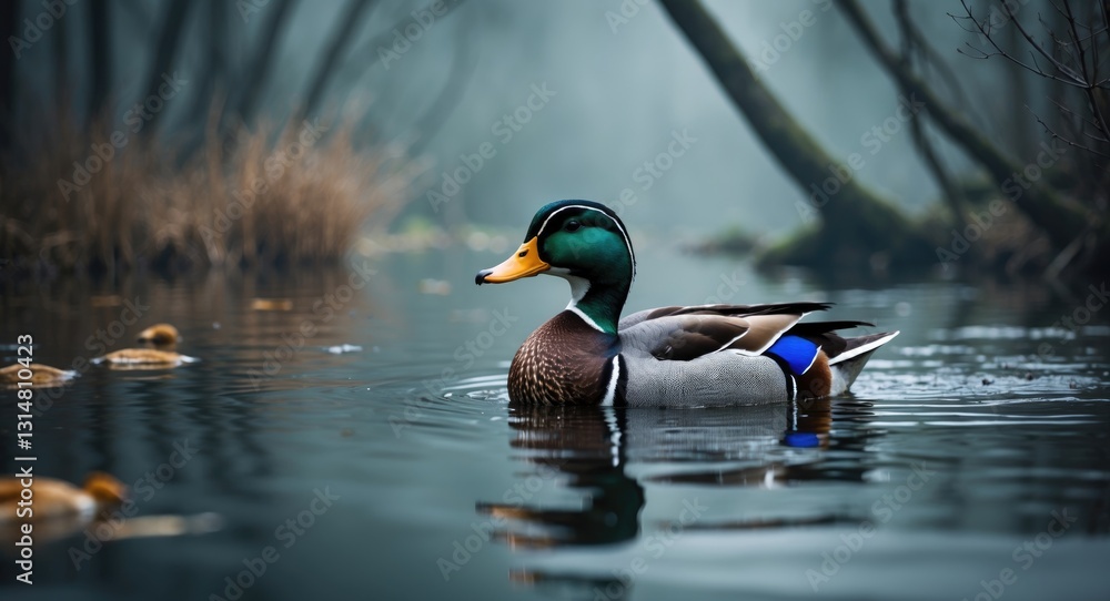 Obraz premium Duck in a lake. Gray duck drifting on the water.