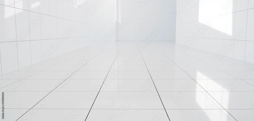 Clean, shiny white tile floor in perspective; grid lines, copy space, interior, copy space Clean, shiny white tile floor in perspective; grid lines, copy space, interior, copy space