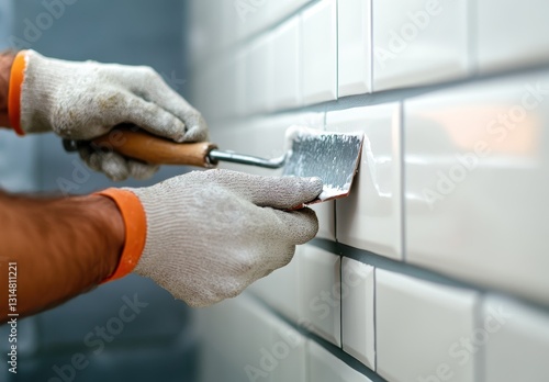 Hands of a Worker Applying Grout to White Subway Tiles with a Trowel in a Renovation Project for Home or Commercial Space Improvements