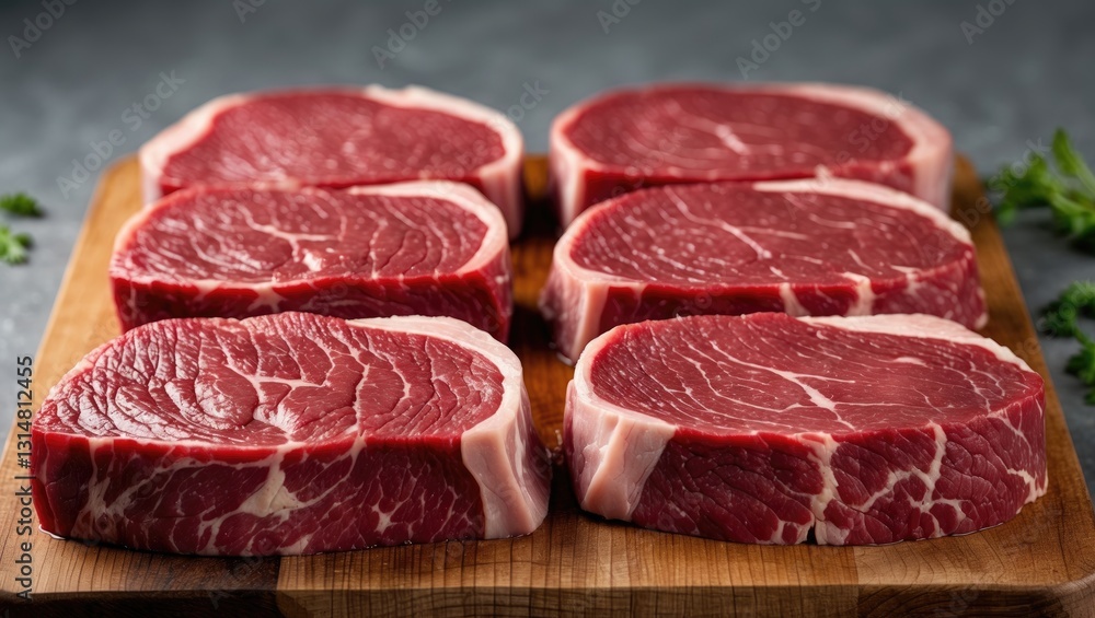 Fresh filet mignon steaks. Pieces of raw beef aligned on a wooden cutting board against a gray backdrop with copy space. Organic ingredients for cooking, closeup of meat texture. Fresh filet mignon steaks. Pieces of raw beef aligned on a wooden cutting board against a gray backdrop with copy space. Organic ingredients for cooking, closeup of meat texture.