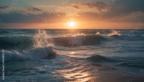 Fototapeta Naklejka Na Ścianę i Meble -  Sunrise light illuminating ocean waves.