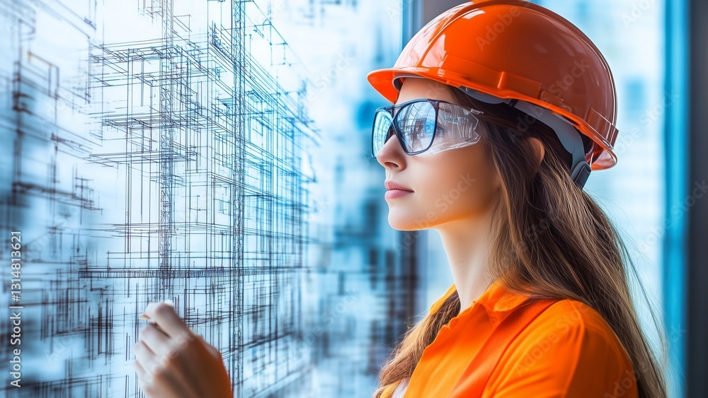 Beautiful woman engineer in a helmet drawing a construction plan on a digital background with a building and city, side view. Business concept for engineering or architecture design work Beautiful woman engineer in a helmet drawing a construction plan on a digital background with a building and city, side view. Business concept for engineering or architecture design work
