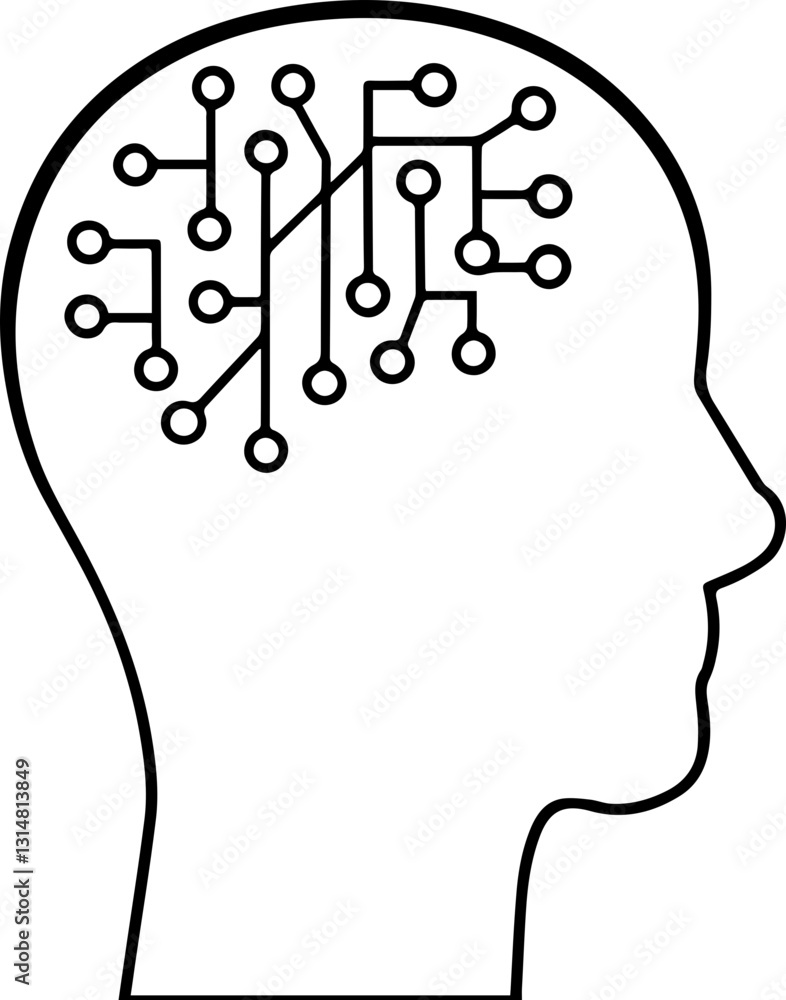 A minimalist illustration of a human head with circuit-like patterns inside, symbolizing the intersection of technology and the mind.