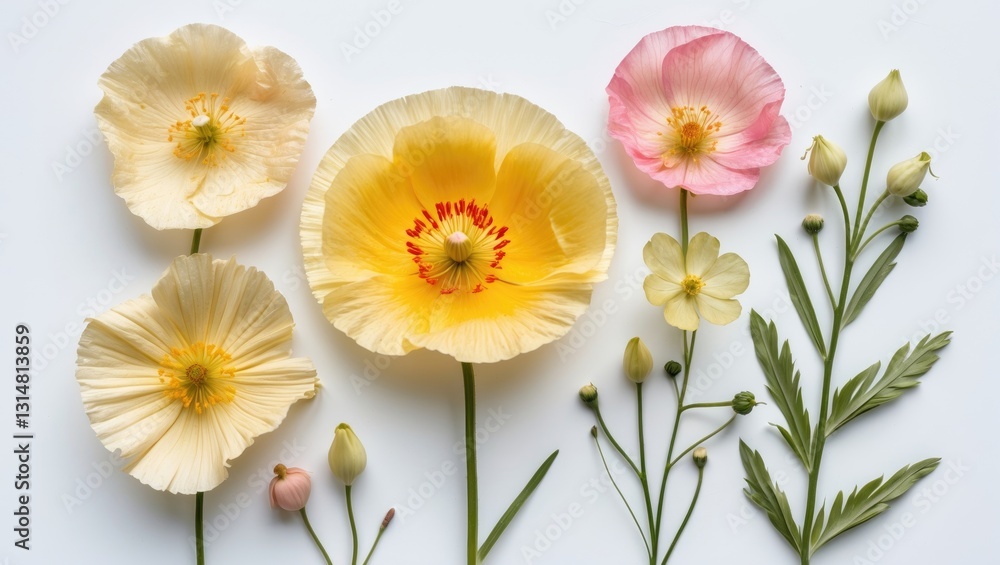 Obraz premium Pressed and dried delicate yellow flowers. Isolated on a white background. Suitable for scrapbooking, floristry, or herbarium use.
