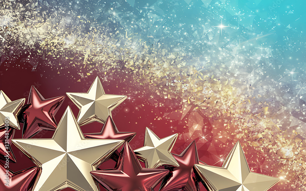 Fototapeta premium Sparkling Gold and Red 3D Stars on Festive Glitter Background