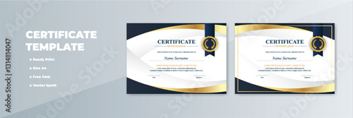 Elegant A4 certificate design template; gold, navy;  grey background; print ready