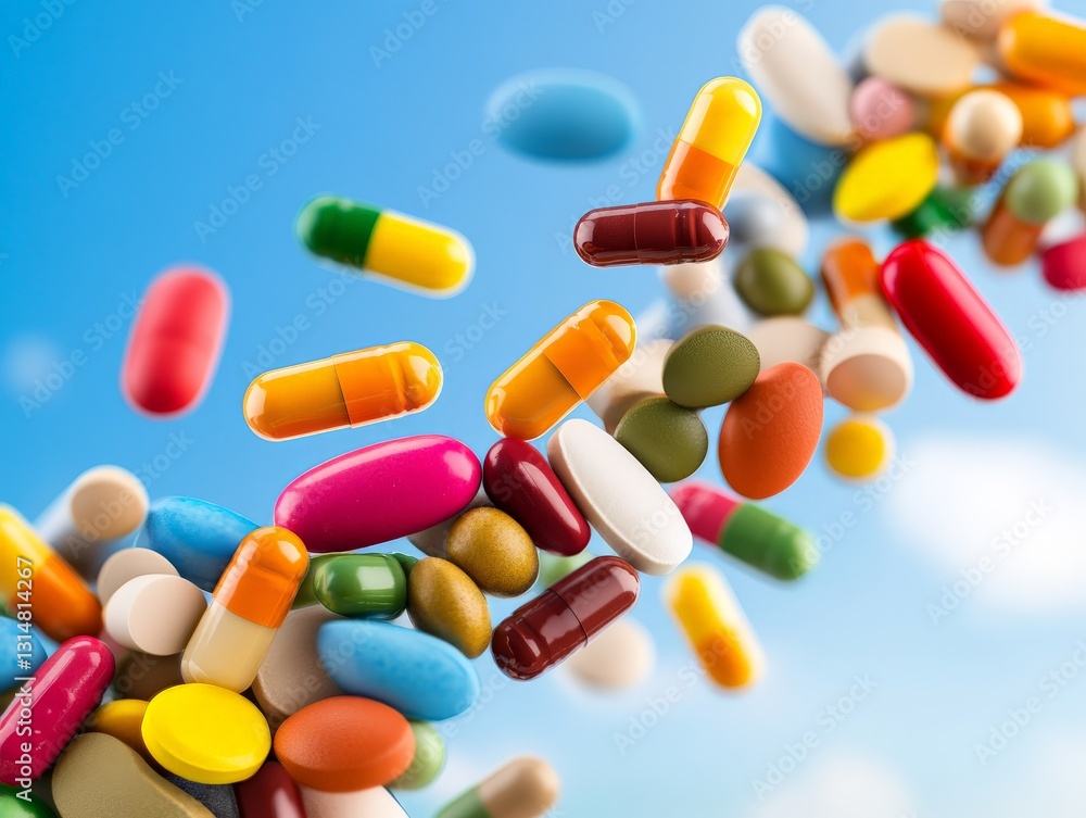 Flying multicolored capsules and tablets against blue and orange blurred background representing pharmaceutical science medication and innovation Flying multicolored capsules and tablets against blue and orange blurred background representing pharmaceutical science medication and innovation