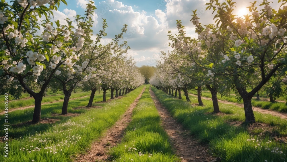 A flourishing apple orchard on a delightful sunny day. Scenic view of trees in a lovely garden. Flowering orchard during springtime. Beauty of Earth. A flourishing apple orchard on a delightful sunny day. Scenic view of trees in a lovely garden. Flowering orchard during springtime. Beauty of Earth.