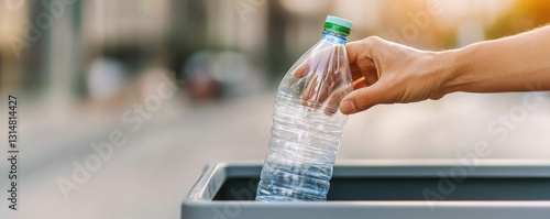 A person discards a plastic water bottle into a recycling bin, promoting sustainability and responsible waste management.