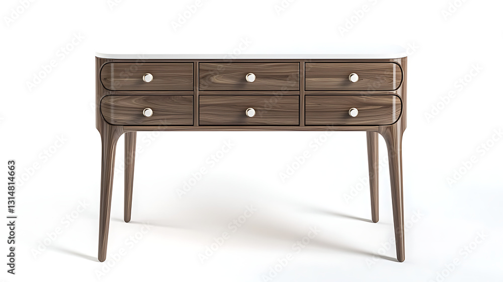 A wooden table with six drawers and a silver knob on the front