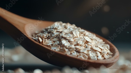 close-up of rolled oats, nestled in a wooden spoon; a healthy breakfast essential 