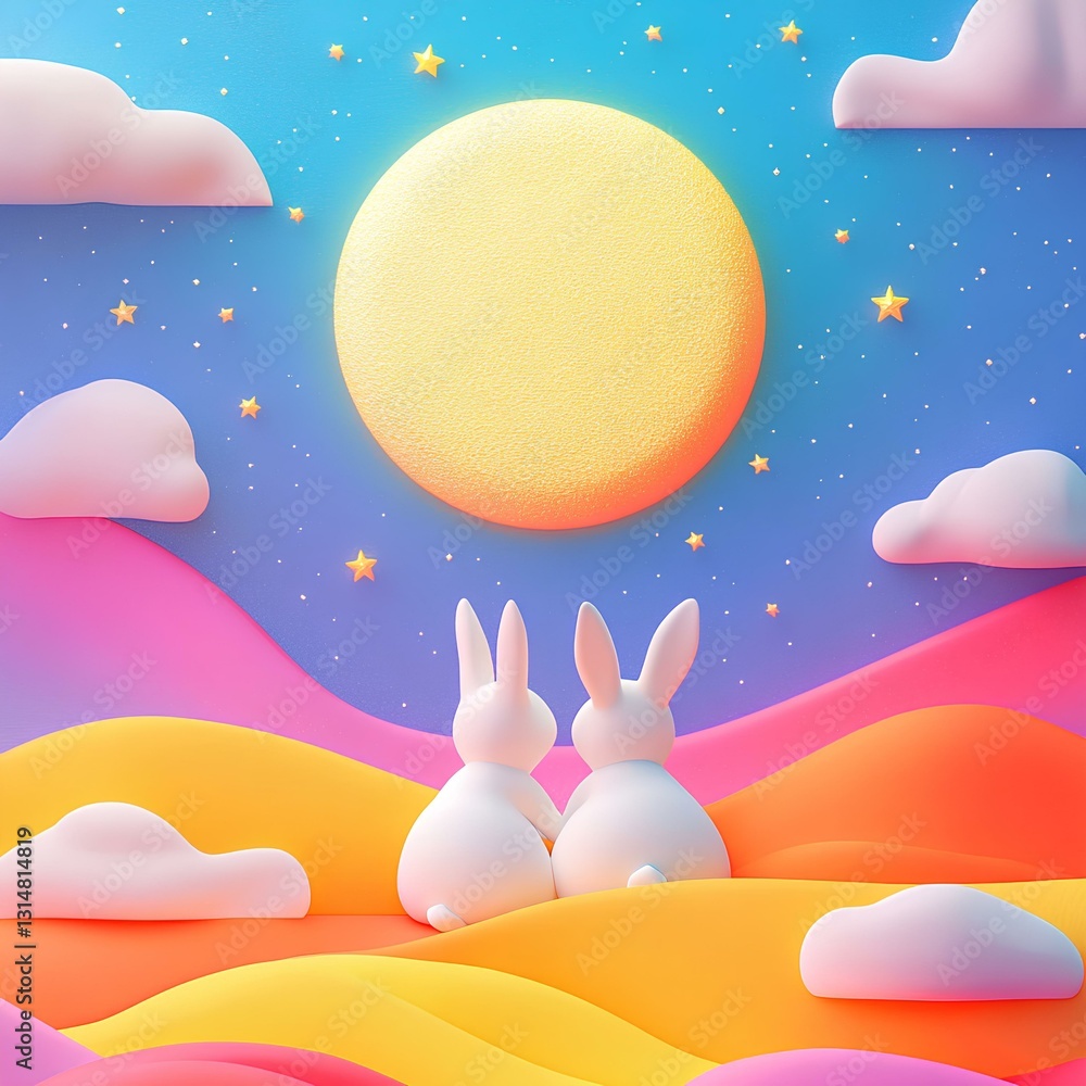 Colorful Mid-Autumn collage, Minimalist composition, Dark blue background, The back of three big rabbits together, a small gold full moon, Many little stars, Orange hills