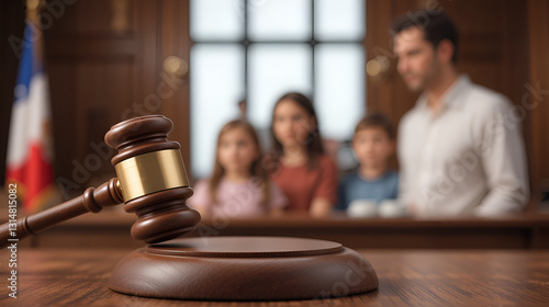 Family law, family right judgement court justice legislation concept. Child-custody. Wooden judge's gavel and family with children kids on background awaiting judge decision