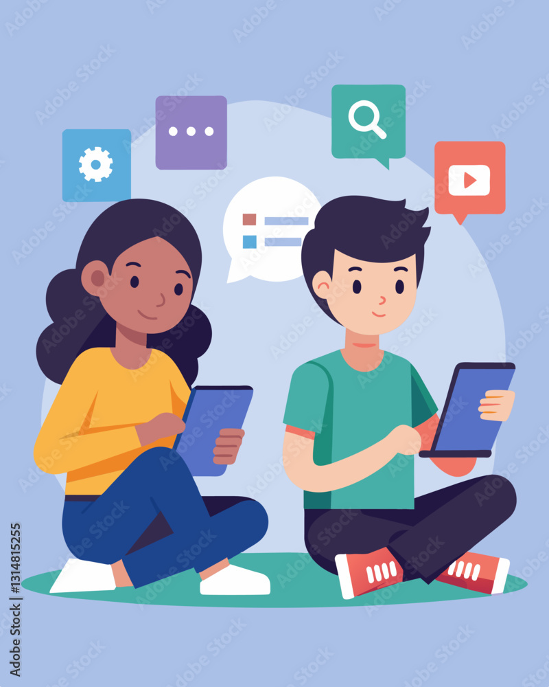 Two students sit side by side one patiently explaining a tricky coding concept to the other using an interactive app on their phones.. Vector illustration Two students sit side by side one patiently explaining a tricky coding concept to the other using an interactive app on their phones.. Vector illustration