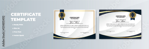 Elegant A4 certificate template design; gold, navy; gray background; print-ready