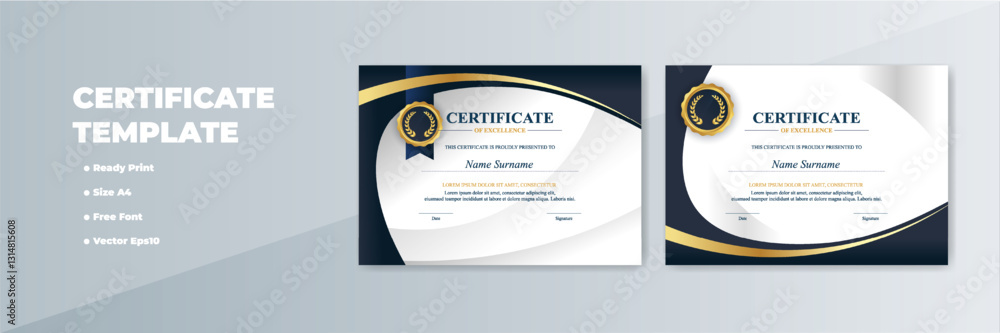 Obraz premium Elegant A4 certificate template design, gold accents, gray background, printable