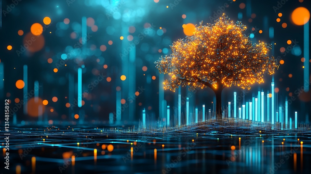 Naklejka premium Luminous Digital Tree: A Symbiosis of Nature and Technology