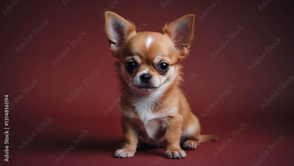 Obraz premium Adorable red-haired Chihuahua puppy poses against a crimson background.