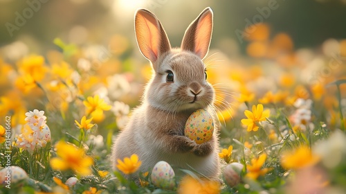 Adorable Bunny Holding an Easter Egg in a Flower-Filled Meadow